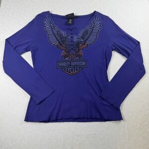 Vintage Harley-Davidson Purple Eagle Long Sleeve Henley Top- Size L